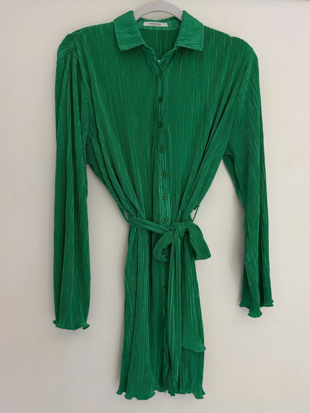 Peppermayo "Soho Chic" Pleated Vibrant Jade Green Long Sleeve Mini Shirt Dress